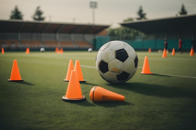 Футбольное тренировочное поле с футбольными мячами, конусами и тренировочными вещами.