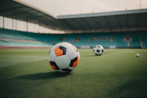 축구 공, 콘 및 훈련 물건이 있는 축구 훈련 경기장