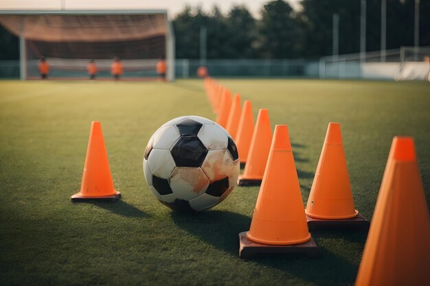 Photo soccer training pitch with soccer balls cones and training stuff