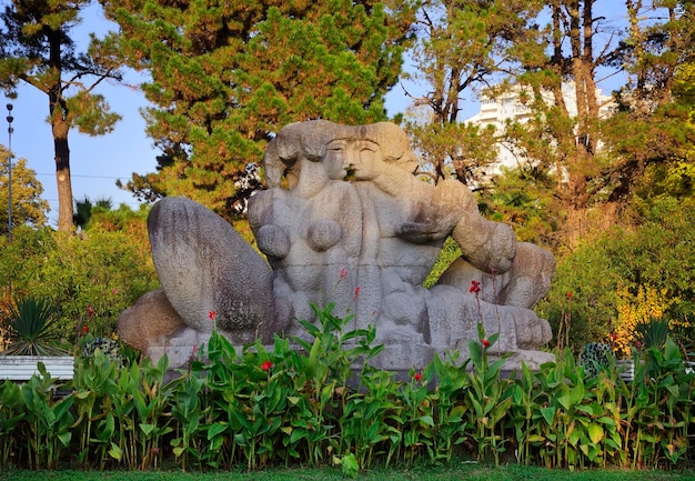 Sochi Russia 11012021 Adam and Eve sculpture in the park Stone garden sculpture