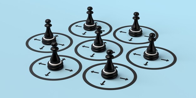 Foto sociaal afstandsconcept met schaakstukken in cirkels. 3d illustratie.