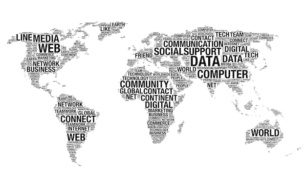 Sociaal netwerkconcept gemaakt met woorden die als wereldkaart op een witte achtergrond tekenen