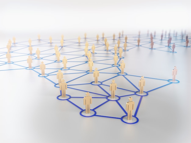 Sociaal netwerkconcept, menselijke figuren op blauwe lijn. 3d rendering