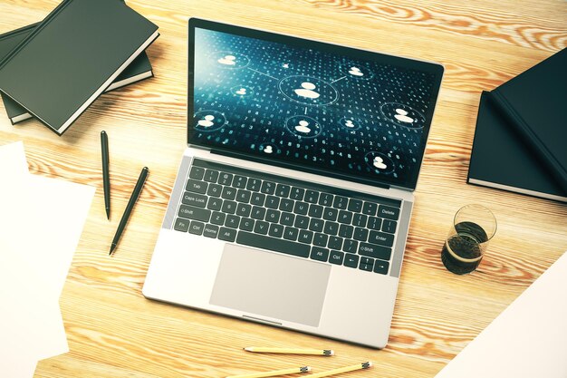 Sociaal netwerkconcept op het moderne laptopscherm 3D-rendering