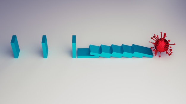 Concetto di distanza sociale. la distanza di sicurezza che interrompe l'effetto domino come metafora per prevenire la diffusione usando la distanza sociale per fermare la diffusione del coronavirus covid-19. rendering 3d.