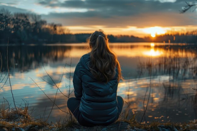 사진 사회적 거리를 유지하는 여성이 해가 지는 순간 호수 에 혼자 앉아 있습니다.