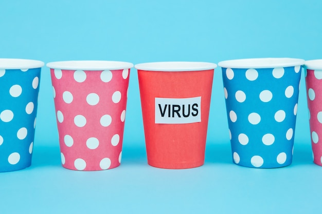 Social distancing on the example of cardboard cups. Coronavirus epidemic. The quarantine, the self-isolation. covid-19