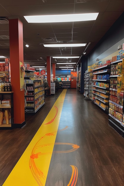 Photo social distancing floor markings in a store created with generative ai