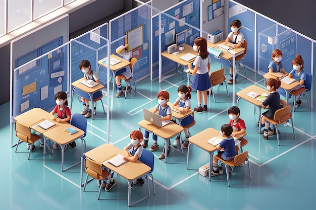Social distancing on school exam isometric with pupils and teacher in masks separated by plastic screens