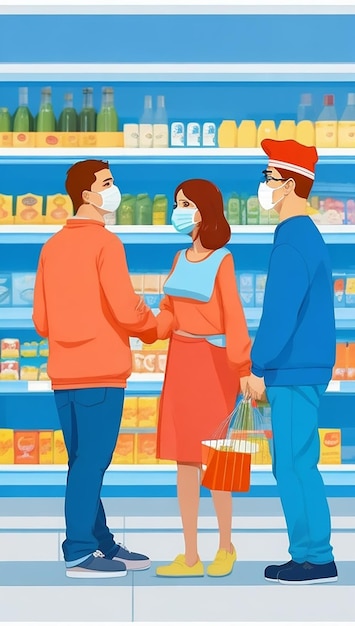 Social distancing in supermarket with two customers in masks cartoon