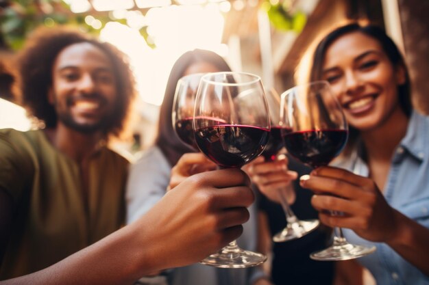 Social gather of interracial young people and drinking red wine