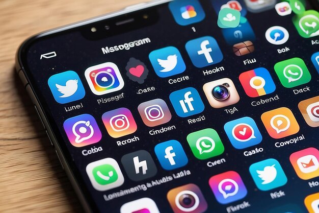 スマートフォンの画面のソーシャルメディアアプリのアイコン