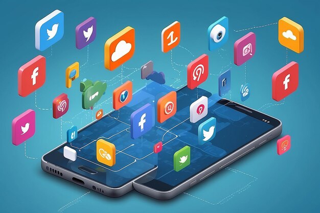 스마트 폰에 소셜 미디어 앱 온라인 공유 소셜 네트워크 메신저 및 마케팅 개념