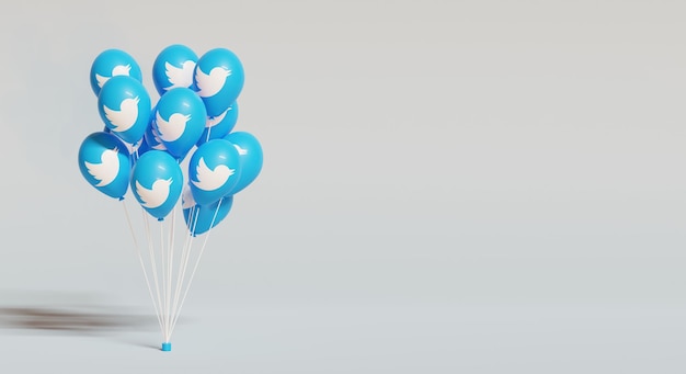 Sfondo di social media con logo galleggiante twitter palloncino. rendering 3d