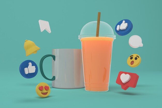 Social media e tazza di caffè sul lato anteriore in sfondo verde