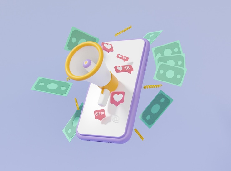 Photo social media communication digital marketing concept broadcasting megaphone on smartphone minimal cartoon style amplifier copy space 3d render illustration