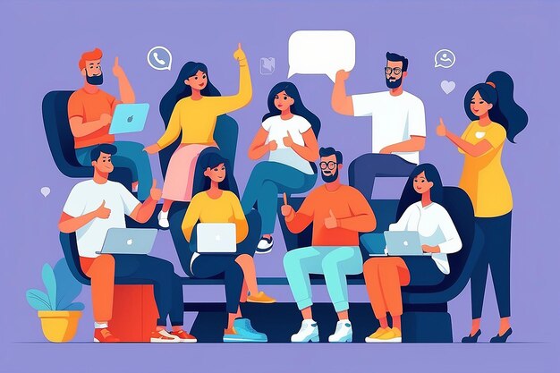 La comunità dei social media e l'enorme cartellone animato flat people characters seduti attorno al simbolo big thumbs up