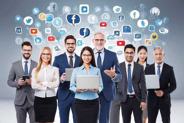 Foto concept dei social media diversi uomini d'affari in un incontro di collaborazione