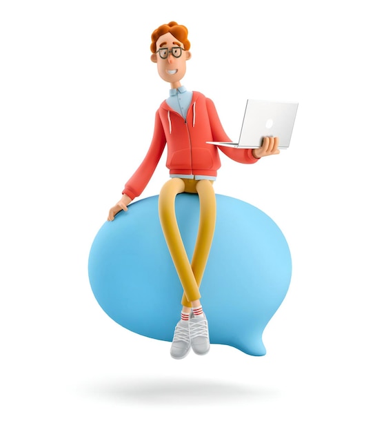 Social media concept Nerd Larry sits on a bubble talk 3d illustration