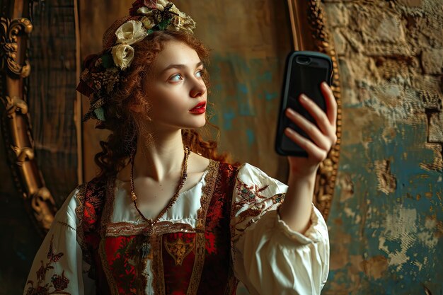 Social Media Creative History Girl with Phone As Renaissance Antique Model Vintage Princess with Smartphone