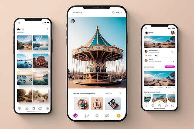 Photo social media design concept smartphone with interface carousel post on social network