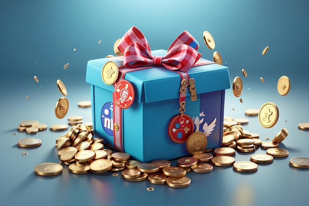 Foto rendering 3d del concetto di marketing digitale della moneta della scatola regalo dei social media