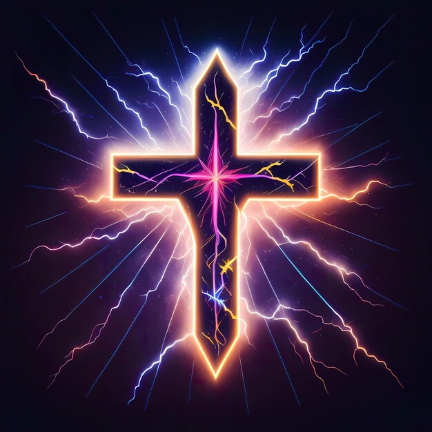 Social media happy easter for Christianity Portuguese crucifix Colourful electric lightning Vector