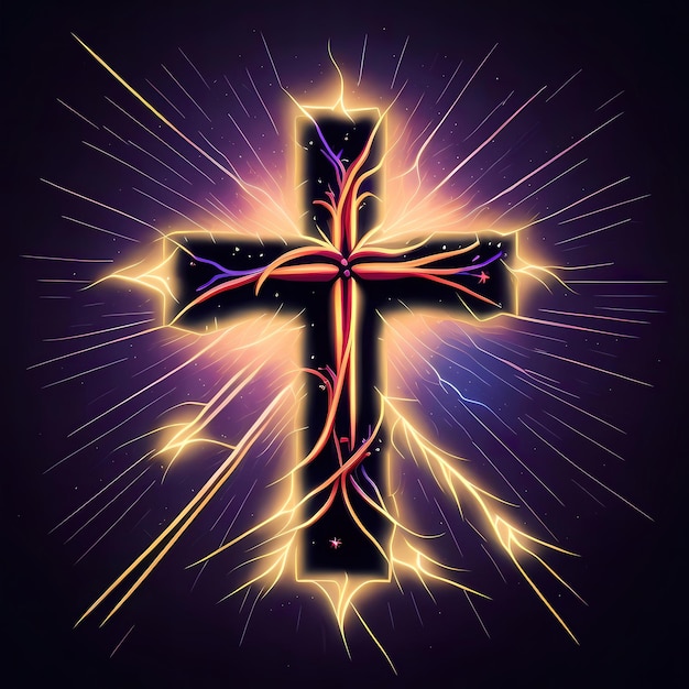 Social media happy easter for Christianity Portuguese crucifix Colourful electric lightning Vector