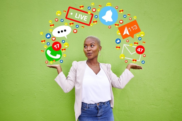 Social media icon or connection with a woman at wall for emoji live streaming app or message African person hands for online chat notification or network communication overlay on green background