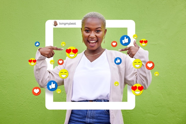 Photo social media icon and influencer woman content profile or frame for love emoji fan page or app portrait of excited african person for online post like notification or overlay on green background