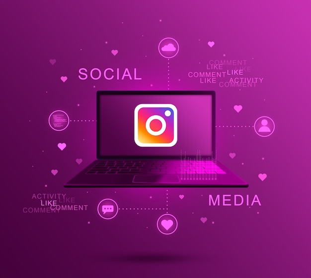 노트북 화면에 소셜 미디어 아이콘 Instagram