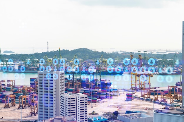 Social media iconen hologram over panorama uitzicht op de stad van Singapore Azië Het concept van mensen netwerkverbindingen en carrièremogelijkheden Dubbele blootstelling