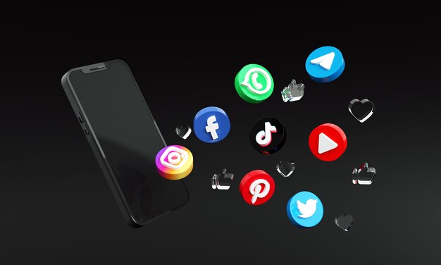 social media iconen rond slimme telefoon 3d premium foto