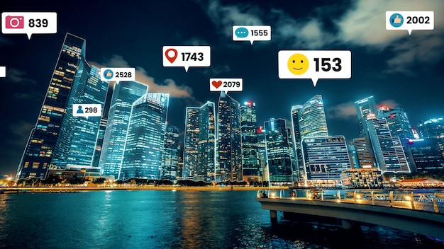 Social media-iconen vliegen over het centrum van de stad en tonen de betrokkenheid van mensen