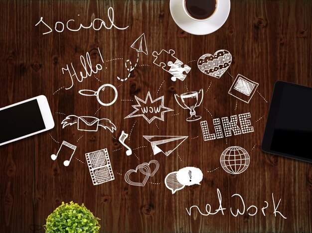 Social media icons on desk