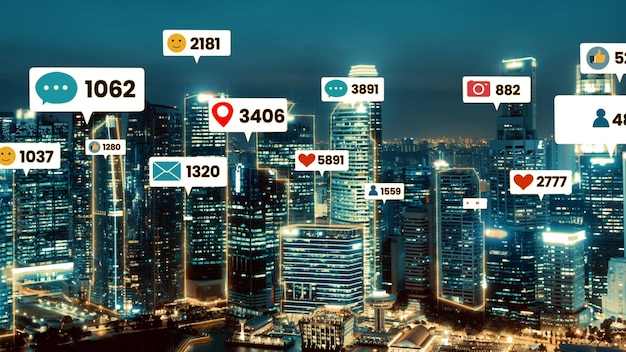 소셜 미디어 아이콘은 사람들의 참여 연결을 보여주는 시내 시내를 날아