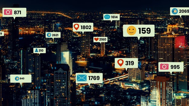 Social media icons fly over city downtown showing people engagement connection