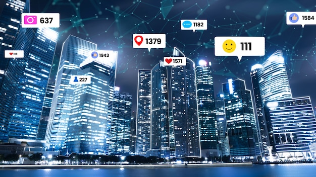 Social media icons fly over city downtown showing people engagement connection