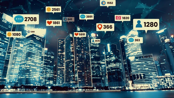 Photo social media icons fly over city downtown showing people engagement connection