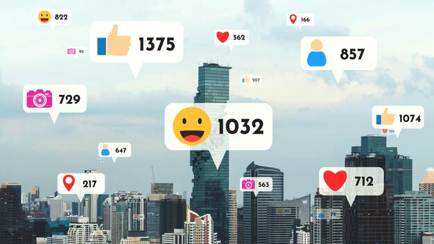 Social media icons fly over city downtown showing people reciprocity connection