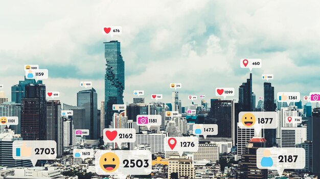 Photo social media icons fly over city downtown showing people reciprocity connection