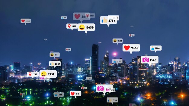 Social media icons fly over city downtown showing people reciprocity connection