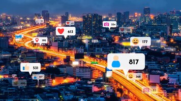 Social media icons fly over city downtown showing people reciprocity connection