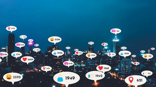 Social media icons fly over city downtown showing people reciprocity connection