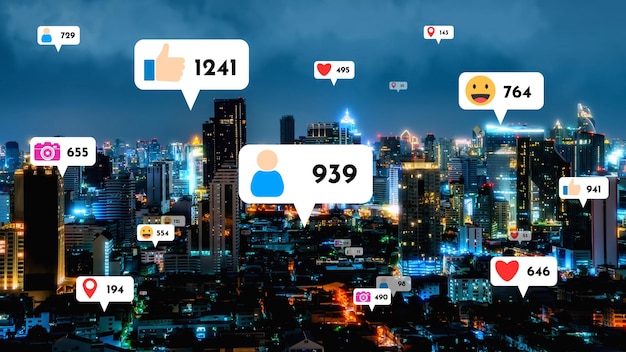 Social media icons fly over city downtown showing people reciprocity connection