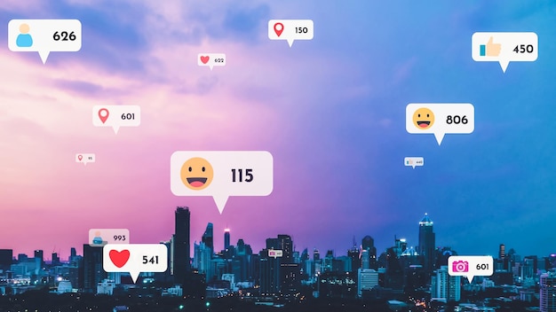 写真 ソーシャルメディアのアイコンが街の中心部を飛び回り 人々の相互関係を示しています