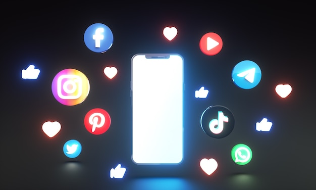 Social media icons and logos around smart phone 3d glowing style with blank screen for copy space