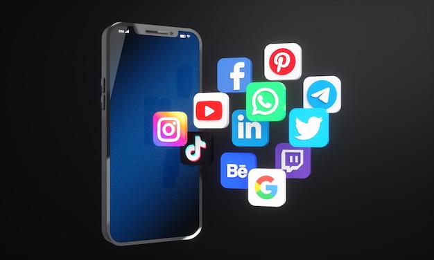 Social media icons and logos on mobile phone screen background for social marketing and networking