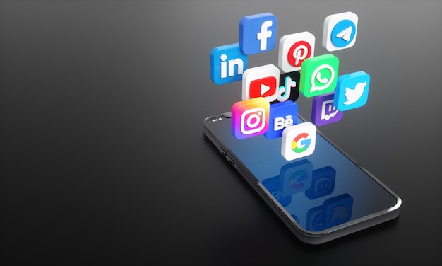 Social media icons and logos on mobile phone screen background for social marketing and networking