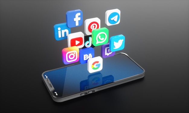 Social media icons and logos on mobile phone screen background for social marketing and networking